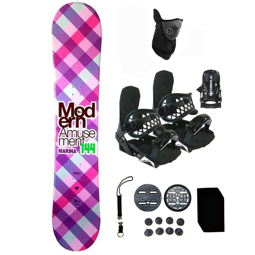 Symbolic 140-144cm Snowboard and Black Bindings Package Leash, Stomp, Mask Women Girls Kids (140-Camber+XS Binding(Kid 1-6) wf263)