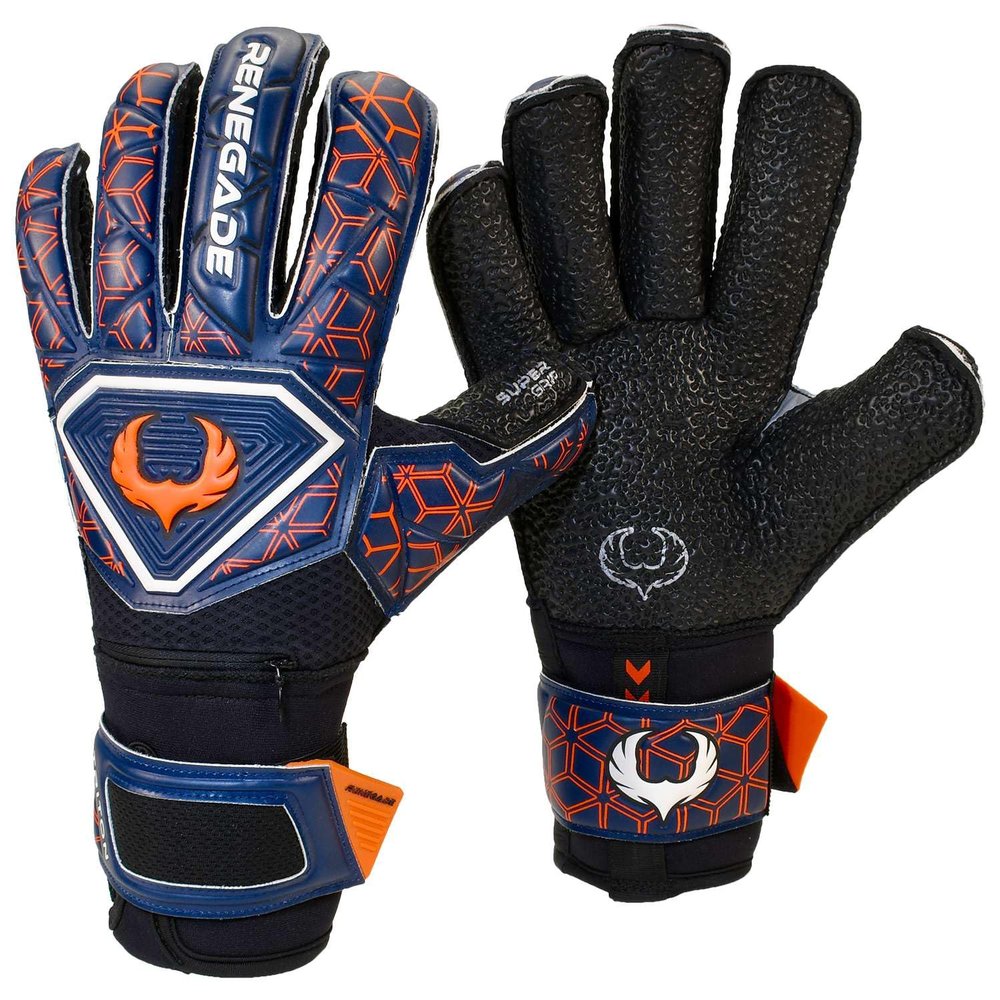 Renegade GK Triton Octane Goalie Gloves with Pro-Tek Fingersaves | 3.5+3mm Super Grip| Black, Blue & Orange Soccer Goalkeeper Gloves (Size 6, Youth, Kids, Roll Cut, Level 2)