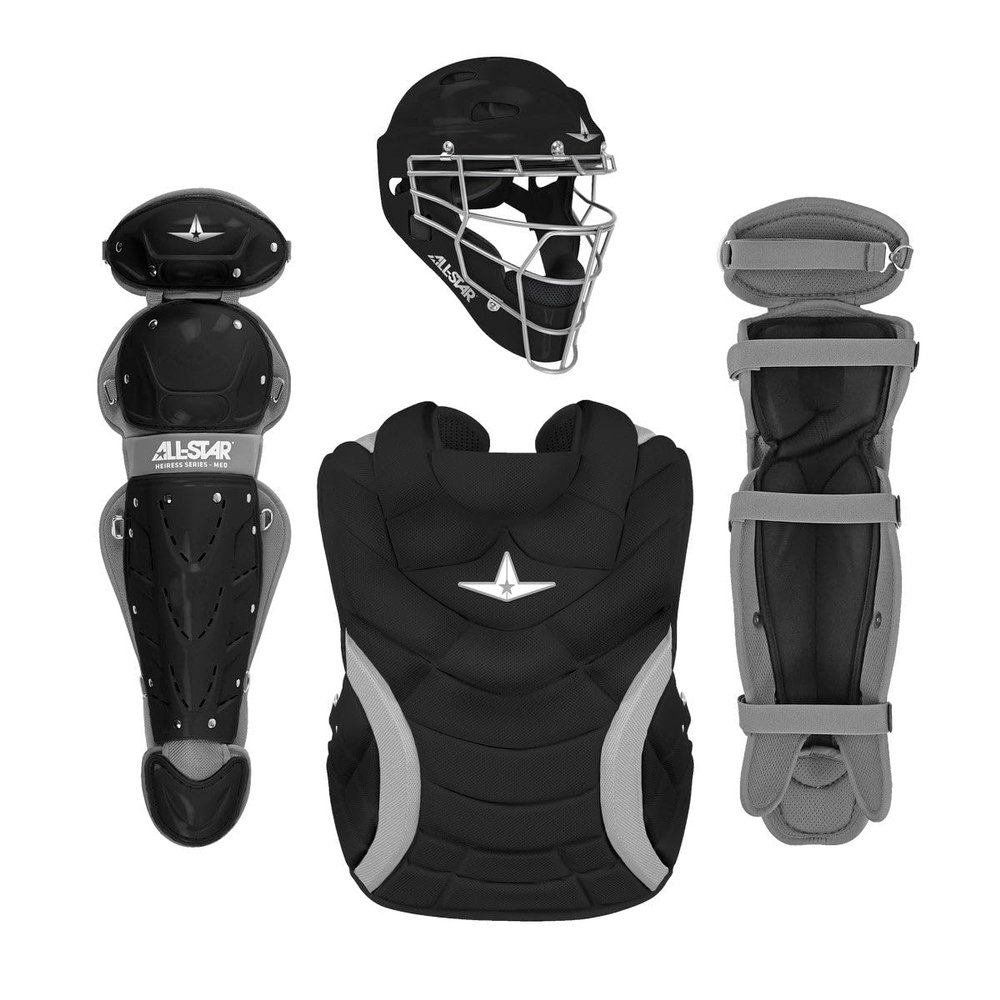 All Star Heiress Fastpitch Softball Catching Kit Ages 7 to 16  Includes Helmet, Chest Protector & Leg Guards  Lightweight, Durable Baseball Protective Set, Meets NOCSAE (Black, Large)