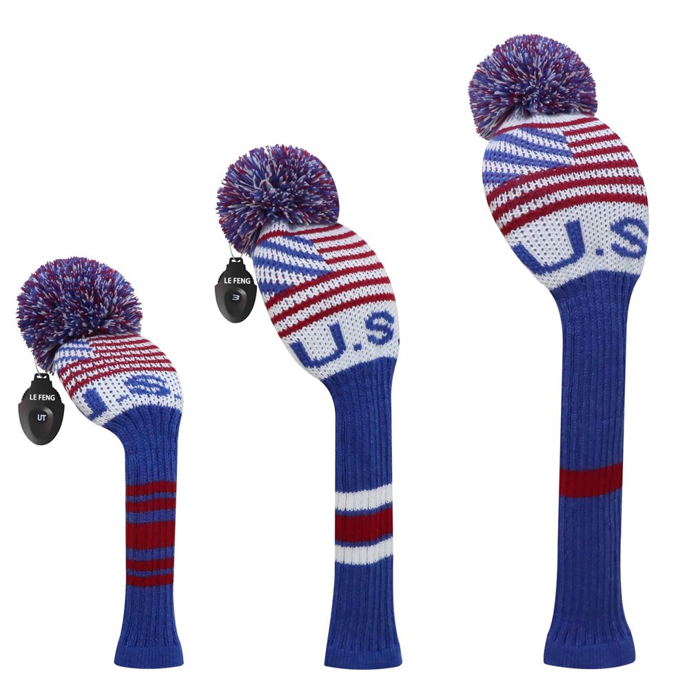 LeFeng 3Pcs Golf Club Covers Set 1-3-5 Knitted Golf Club Covers for 460cc Driver Fairway Woods and Hybrid with Cute Pom Pom and Number Tag (American Flag)