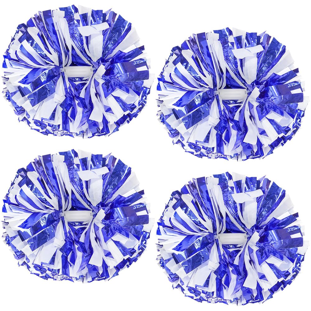 4Pcs Upgraded 12inch Metallic Cheerleading Pom Poms, HOLENGS Cheerleader Pompoms Cheer Poms for Kids Adults, Cheering Squad Pompoms for School Sports Games Dance Party (Blue and White)