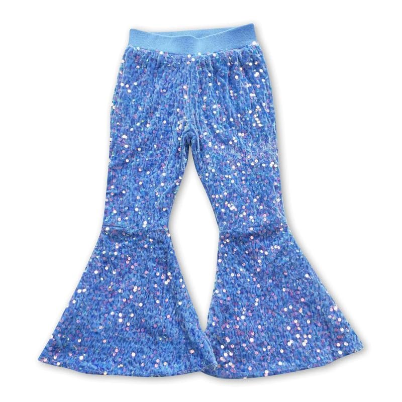 Yawoo Haan Sky Blue Sequins Flare Pants Party Birthday Pants Kids Girls Bell Bottom