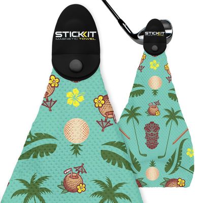 STICKIT Magnetic Golf Towel, Teal Tiki | Top-Tier Microfiber Golf Towel with Deep Waffle Pockets | Industrial Strength Magnet for Strong Hold to Golf Carts or Clubs