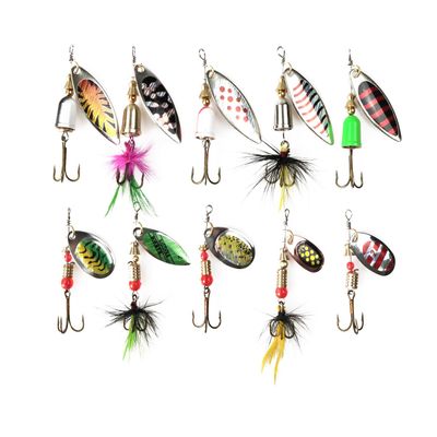 KTGCOZS Pack of 10 Fishing Spinnerbaits Spoon Lures Treble Hook Rooster Tail Assorted with Box