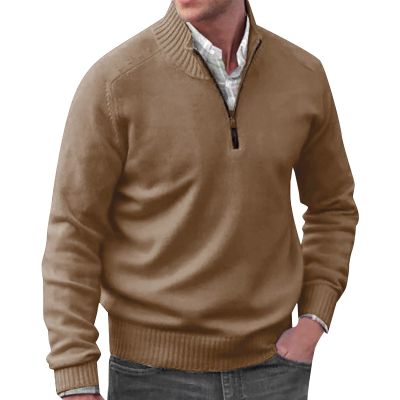 ZYXTIM Mens Quarter Zip Sweater Mock Neck Long Sleeve Polo Pullover Lightweight Loose Casual Knit Sweaters with Ribbed Edge Coffee