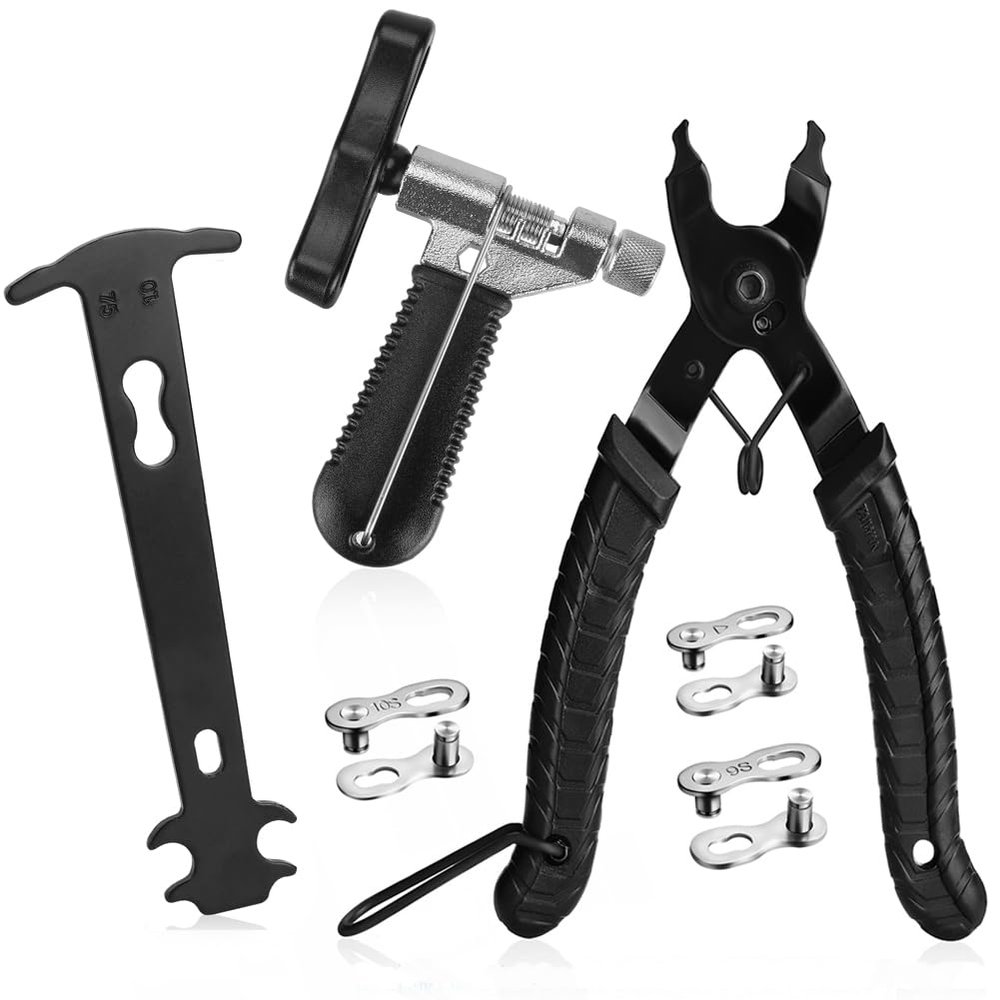 A AKRAF Bicycle Chain Repair Tool Kit with Bike Link Plier, Chain Breaker Splitter Tool, Chain Wear Indicator Checker, 3 Pairs Bicycle Missing Links, Chain Master Link Remover and Connector