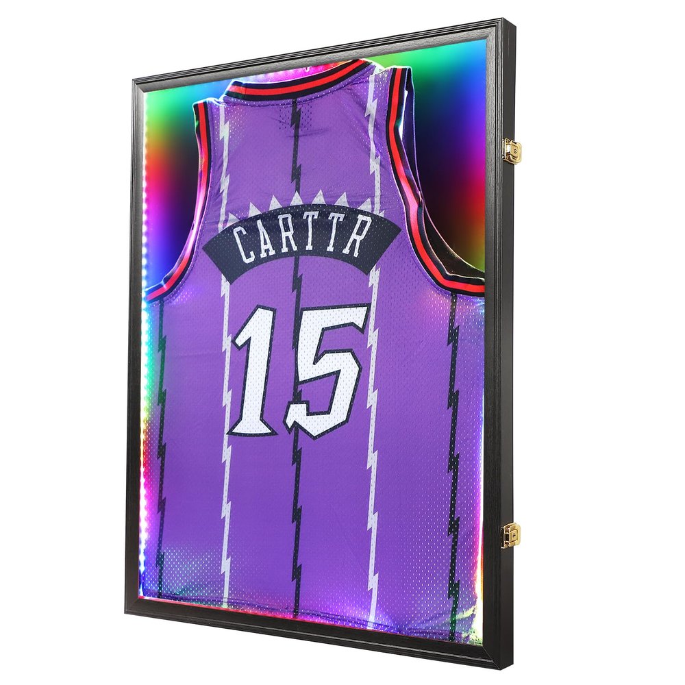 KCRasan LED Jersey Frame Display Case - Jersey case with led Lights - Large Lockable Frames Shadow Box with UV Protection for Baseball Basketball Football Soccer Hockey Sport Shirt, Black