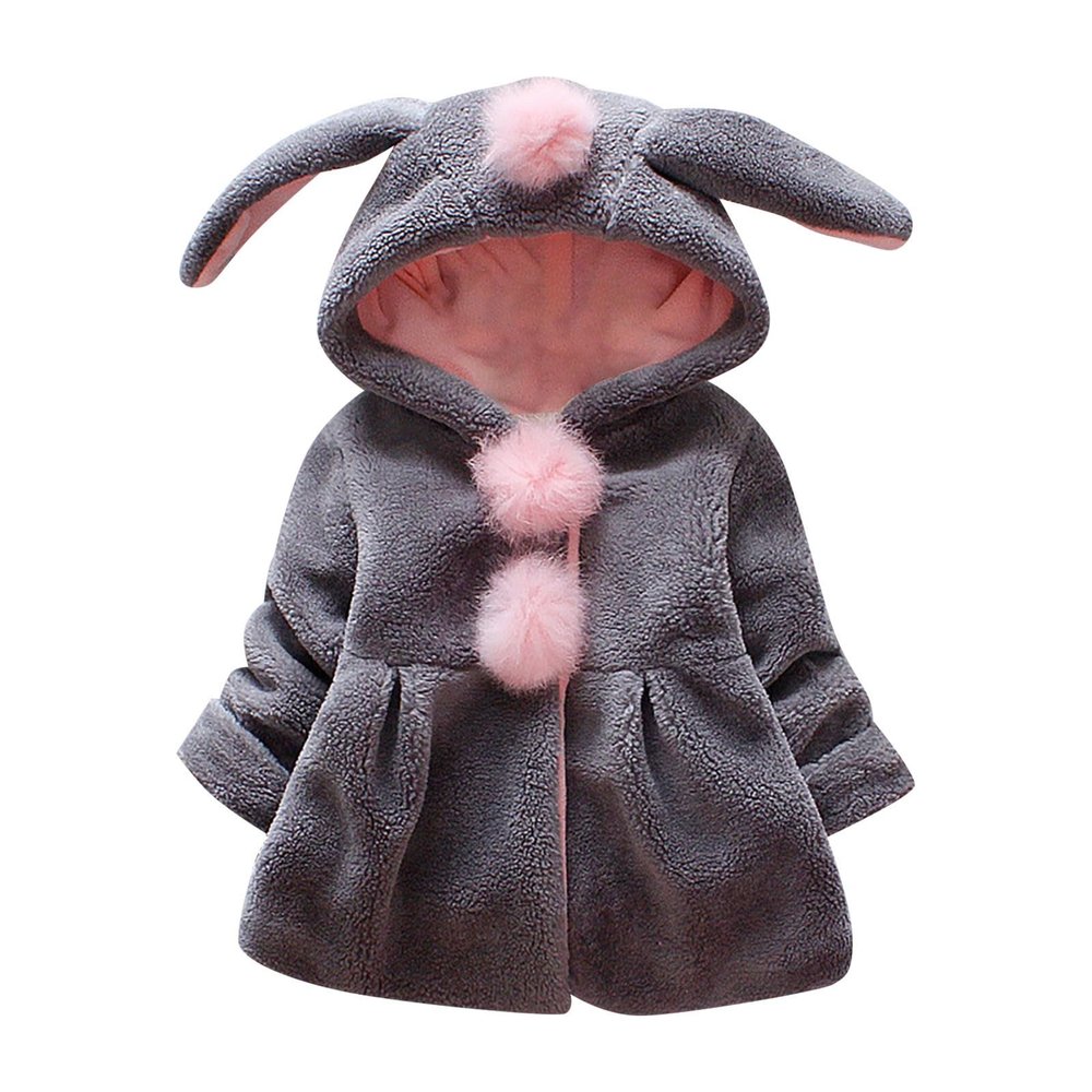 Infant Girls Winter Plush Long Sleeve Rabbit Ears Hooded Pure Colour Hairball Decoration Button Jacket Plush Coat Grey