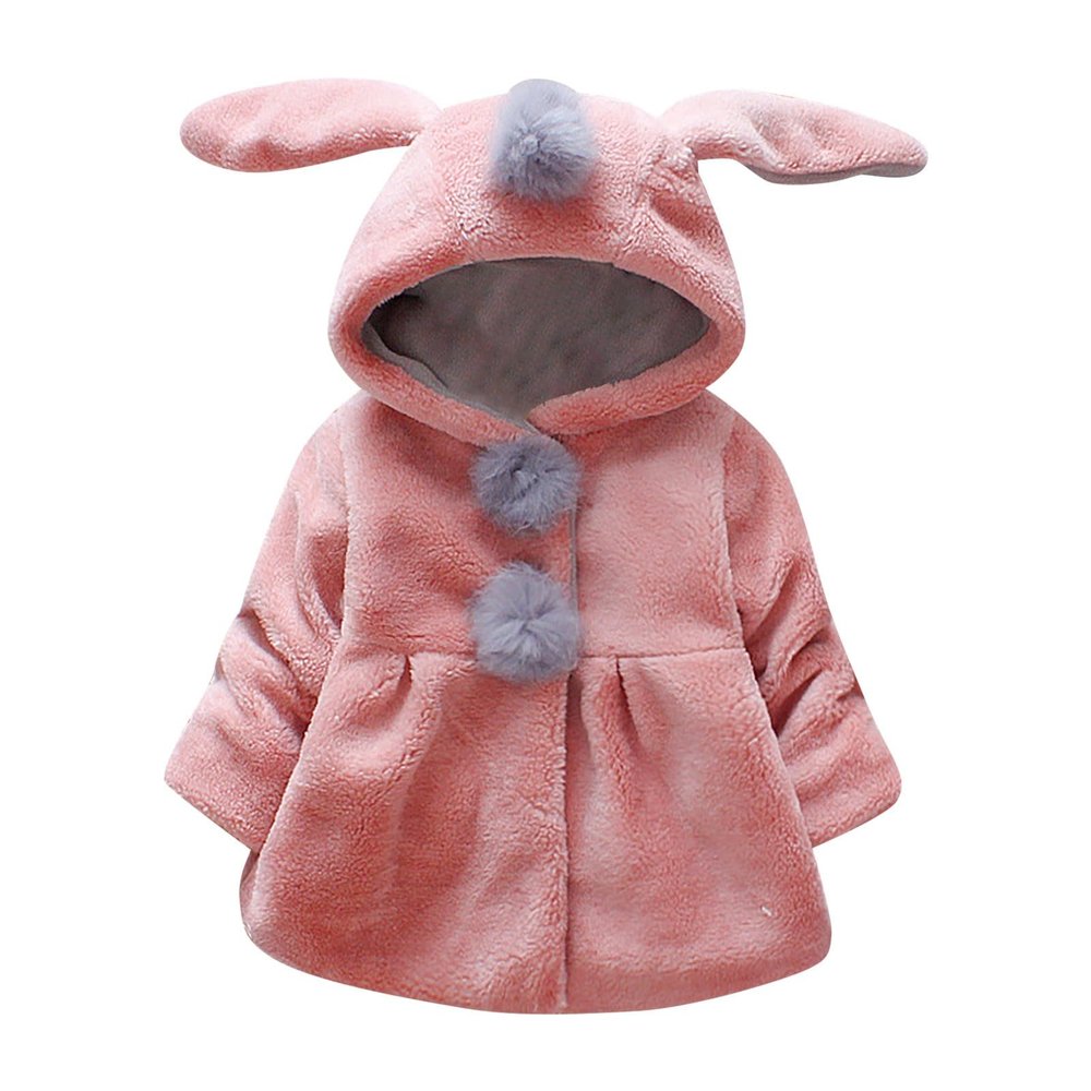 Infant Girls Winter Plush Long Sleeve Rabbit Ears Hooded Pure Colour Hairball Decoration Button Jacket Plush Coat Hot Pink
