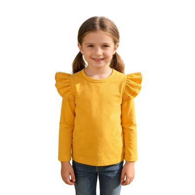 Sanpersonlin Toddler Baby Girl Solid Color T Shirt Kids Blouse Basic Plain Ruffle Top Cotton Casual Clothes (0020K-Long Sleeve Deep Yellow, 1-2 Years)