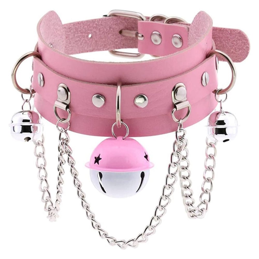 AKYLDI PU Leather Collar Gothic Chain Necklace Adjustable Punk Double Color Bell Choker Buckle Neck Accessories (Color : Pink)