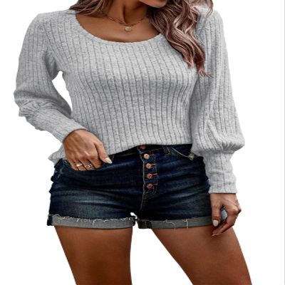 2023 Women's Pullover Sweaters Long Lantern Sleeve Casual Crew Neck Ribbed Knit Jumper Blouse Tops LightGray