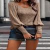 2023 Women's Pullover Sweaters Long Lantern Sleeve Casual Crew Neck Ribbed Knit Jumper Blouse Tops (Khaki,Small,Small,Regular,Regular) view 2