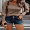 2023 Women's Pullover Sweaters Long Lantern Sleeve Casual Crew Neck Ribbed Knit Jumper Blouse Tops (Khaki,Small,Small,Regular,Regular) view 3