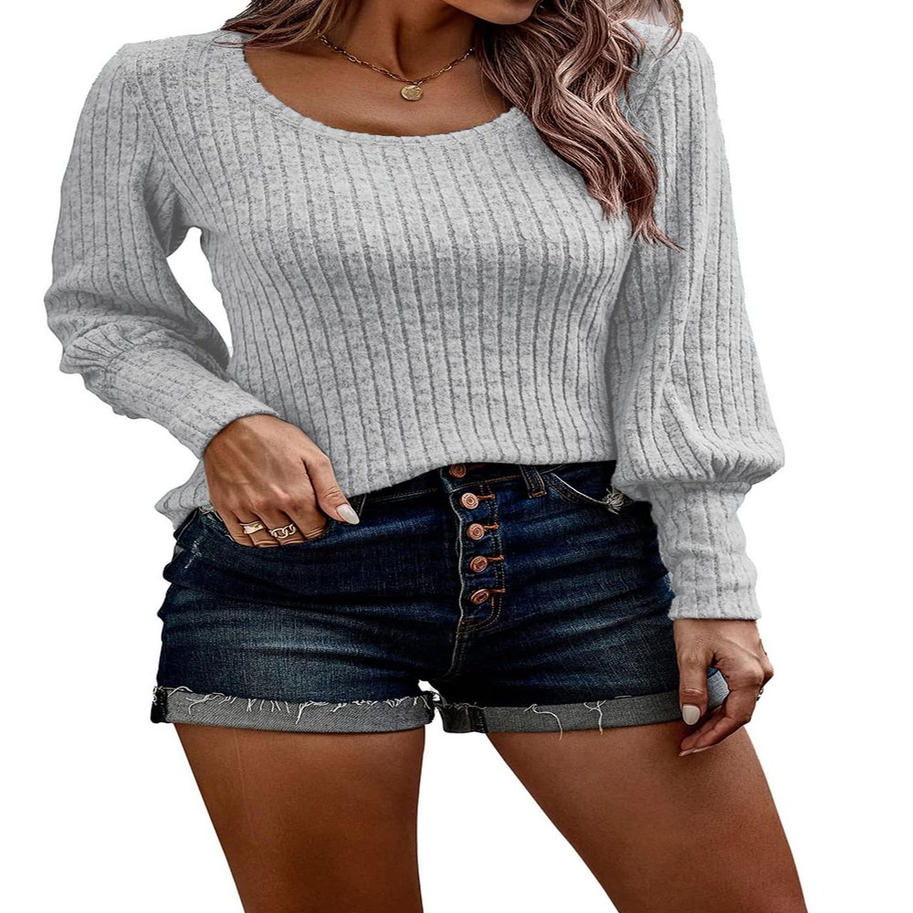 2023 Women's Pullover Sweaters Long Lantern Sleeve Casual Crew Neck Ribbed Knit Jumper Blouse Tops LightGray