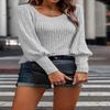 2023 Women's Pullover Sweaters Long Lantern Sleeve Casual Crew Neck Ribbed Knit Jumper Blouse Tops LightGray view 2