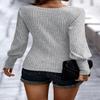 2023 Women's Pullover Sweaters Long Lantern Sleeve Casual Crew Neck Ribbed Knit Jumper Blouse Tops LightGray view 3