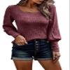 2023 Women's Pullover Sweaters Long Lantern Sleeve Casual Crew Neck Ribbed Knit Jumper Blouse Tops (WineRed,Large,Large,Regular,Regular) view 1