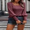 2023 Women's Pullover Sweaters Long Lantern Sleeve Casual Crew Neck Ribbed Knit Jumper Blouse Tops (WineRed,Large,Large,Regular,Regular) view 2