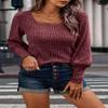 2023 Women's Pullover Sweaters Long Lantern Sleeve Casual Crew Neck Ribbed Knit Jumper Blouse Tops (WineRed,Large,Large,Regular,Regular) view 4