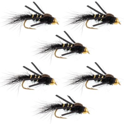 The Fly Fishing Place Tungsten Bead Head Nymph Fly Fishing Flies - Rubber Legs Black Gold Ribbed Hares Ear Trout Fly - Nymph Wet Fly - 6 Flies Hook Size 16