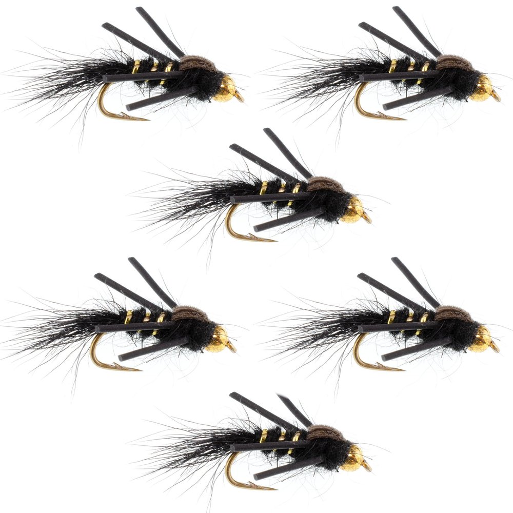 The Fly Fishing Place Tungsten Bead Head Nymph Fly Fishing Flies - Rubber Legs Black Gold Ribbed Hares Ear Trout Fly - Nymph Wet Fly - 6 Flies Hook Size 16