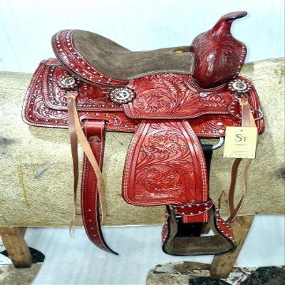 Western Kids Youth Adult Barrel Leather Saddle for Horse Riding, Floral Tooled Saddle with Silver Conchos ST-WLS-296 (12" Seat)