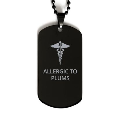 CHERLINKS Medical Black Dog Tag, Allergic to Plums Awareness, Medical Symbol, SOS Emergency Health Life Alert ID Engraved Stainless Steel Chain Necklace for Men Women