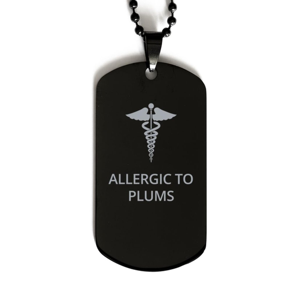 CHERLINKS Medical Black Dog Tag, Allergic to Plums Awareness, Medical Symbol, SOS Emergency Health Life Alert ID Engraved Stainless Steel Chain Necklace for Men Women
