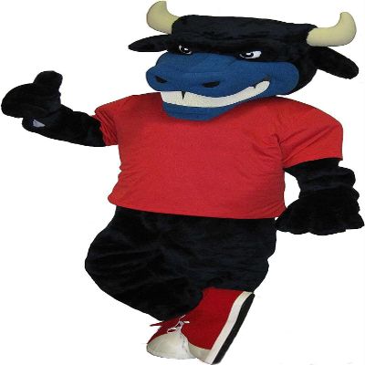 Black Bull in Red T-shirt Mascot Costume Adult Size for Men & Women with Built-in Fan Inside the Head