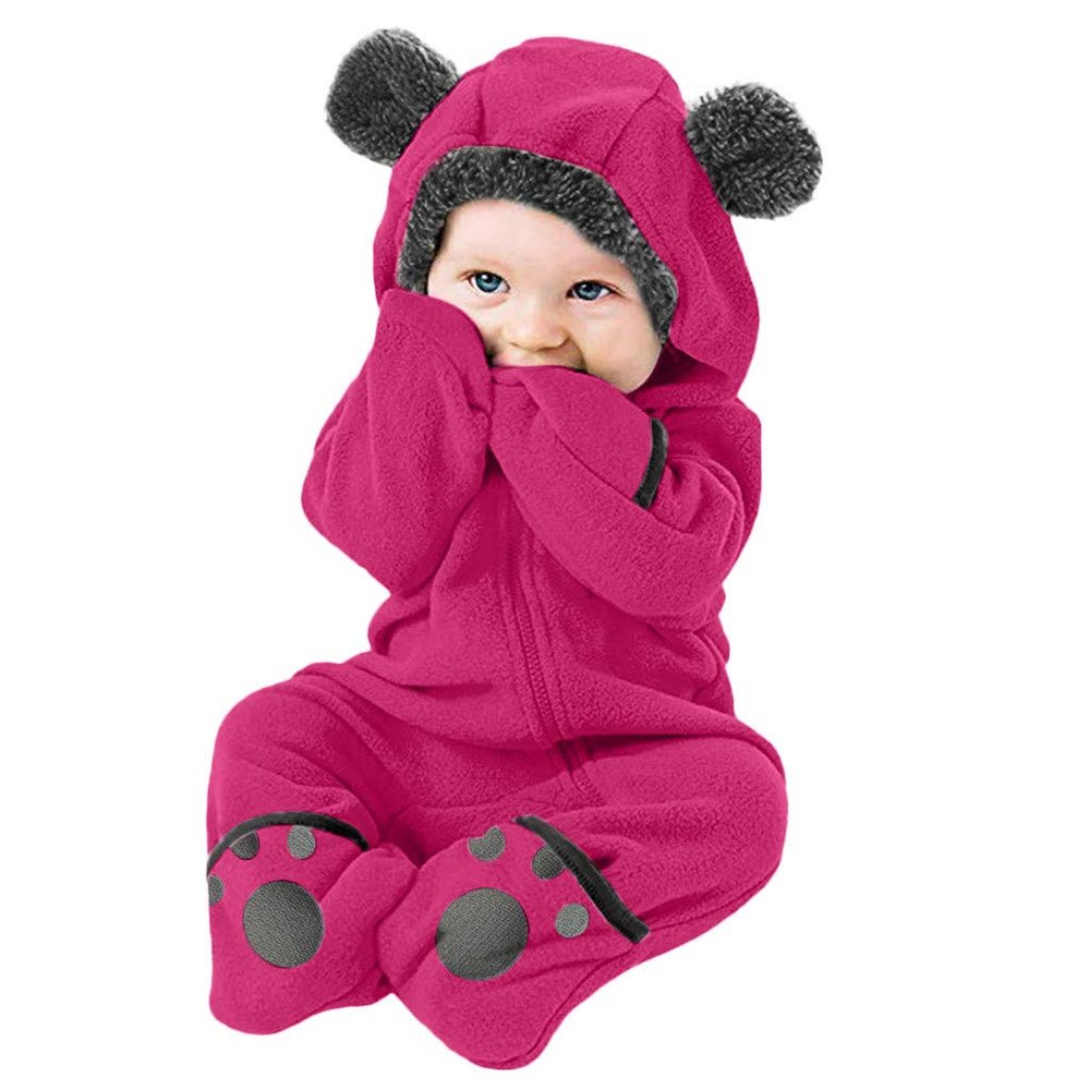 Newborn Baby Winter Snowsuit Teddy Bear Romper Onesie Coat Hooded Fleece Jumpsuit Bunting (Hot Pink, 6-12 Months)
