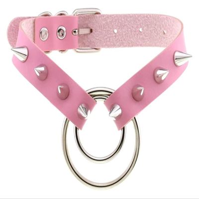 AKYLDI Strap Gothic Necklace Punk Ring Collar PU Leather Rivets Choker Adjustable Buckle Neck Accessories (Color : Pink)