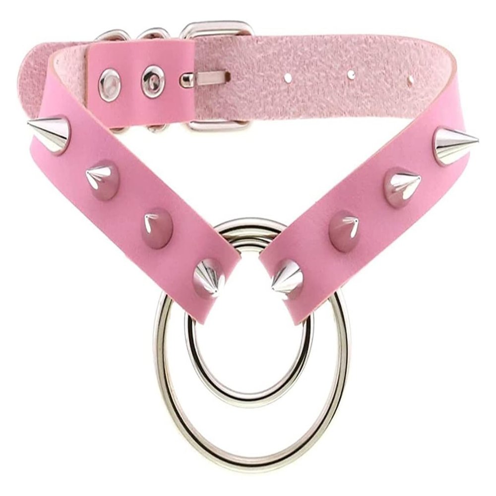 AKYLDI Strap Gothic Necklace Punk Ring Collar PU Leather Rivets Choker Adjustable Buckle Neck Accessories (Color : Pink)