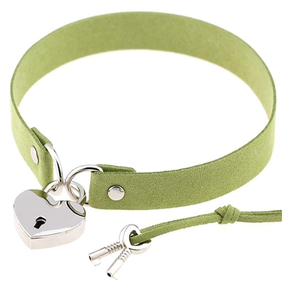 AKYLDI Leather Neck Strap Rock Gothic Punk Choker Neck Strap Necklace with Peach Heart Suede (Size : Green)