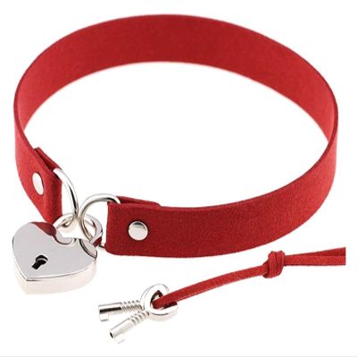 AKYLDI Leather Neck Strap Rock Gothic Punk Choker Neck Strap Necklace with Peach Heart Suede (Size : Red)
