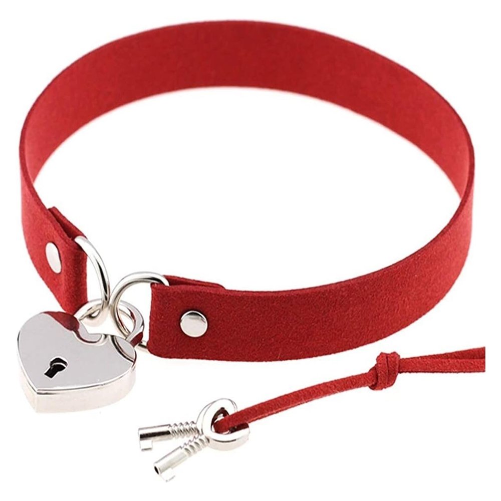 AKYLDI Leather Neck Strap Rock Gothic Punk Choker Neck Strap Necklace with Peach Heart Suede (Size : Red)