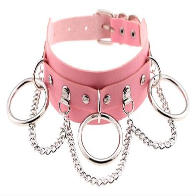 AKYLDI PU Leather Choker Rock with Metal Ring Chain Unisex Punk Gothic Rivets Collar Necklace (Size : Pink)