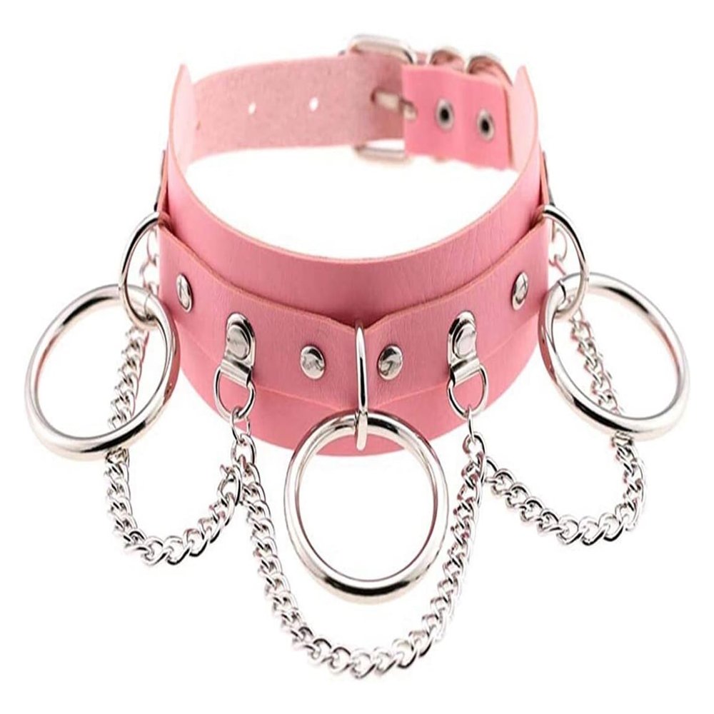 AKYLDI PU Leather Choker Rock with Metal Ring Chain Unisex Punk Gothic Rivets Collar Necklace (Size : Pink)