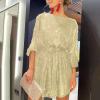 Women Sequin Dress Short Sparkly Glitter Dress Club Night Ruched Mini Dress Cocktail Party Prom Dress Evening Ball Gown Gold view 2