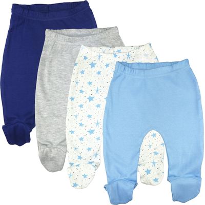 123 Bear 100% Cotton Baby Pants with Footies 100% Cotton Unisex Boys Girls (6-9 Months, 4-Pack Blue-Navy)