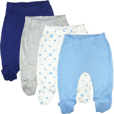 123 Bear 100% Cotton Baby Pants with Footies 100% Cotton Unisex Boys Girls (Newborn, 4-Pack Blue-Navy)