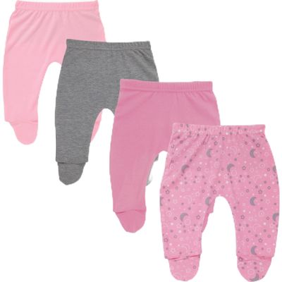 123 Bear 100% Cotton Baby Pants with Footies 100% Cotton Unisex Boys Girls (0-3 Months, 4-Pack Pink)