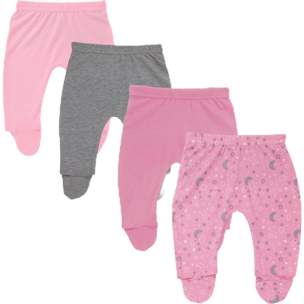 123 Bear 100% Cotton Baby Pants with Footies 100% Cotton Unisex Boys Girls (0-3 Months, 4-Pack Pink)