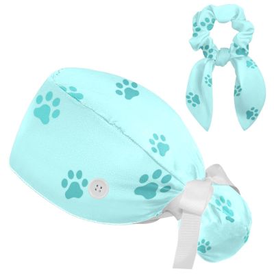 Dog Paw Scrub Caps Adjustable Working Cap Surgical Caps Nurse Hat with Bow Hair Scrunchy