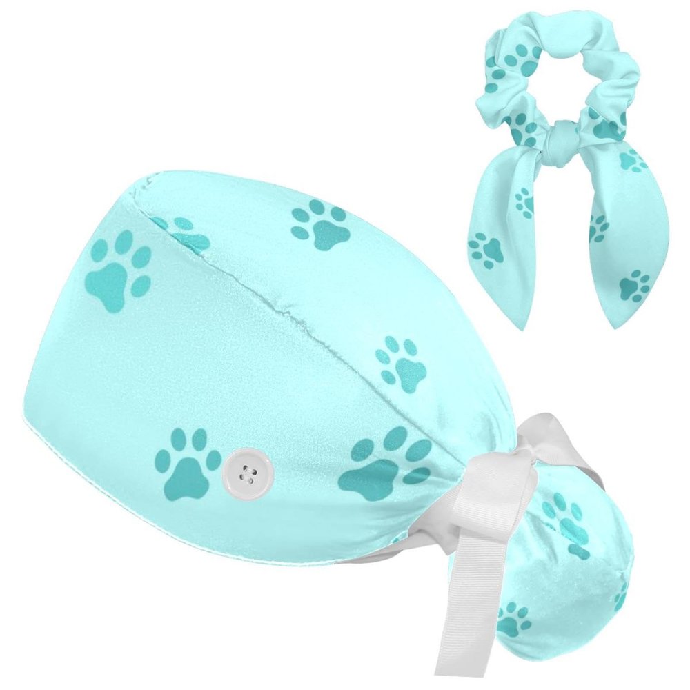 Dog Paw Scrub Caps Adjustable Working Cap Surgical Caps Nurse Hat with Bow Hair Scrunchy