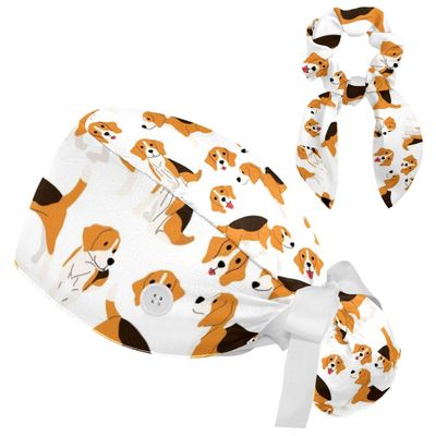 Beagle Dog Scrub Caps Adjustable Working Cap Surgical Caps Nurse Hat with Bow Hair Scrunchy