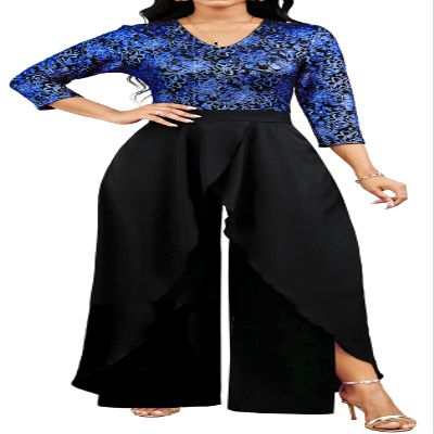 Overlay Blue Sparkly Jumpsuit for Women Sexy Elegant 3/4 Sleeve Long Split lightweight Pants Cocktail Party Club Rompers(Medium)