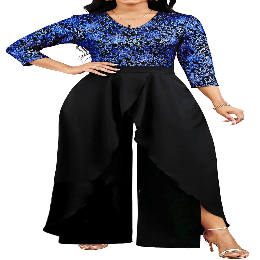 Overlay Blue Sparkly Jumpsuit for Women Sexy Elegant 3/4 Sleeve Long Split lightweight Pants Cocktail Party Club Rompers(Medium)