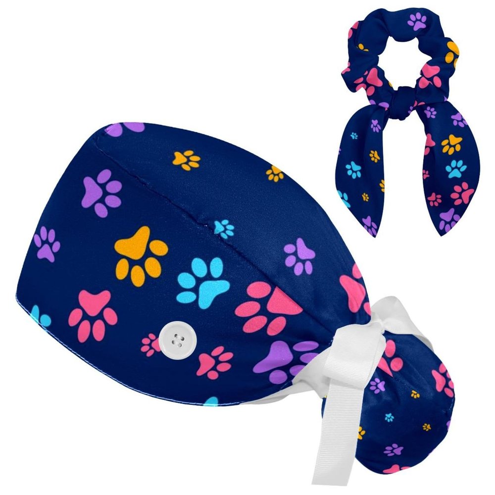 Colorful Dog Cat Paw Prints Scrub Caps Adjustable Working Cap Surgical Caps Nurse Hat with Bow Hair Scrunchy
