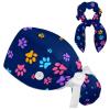 Colorful Dog Cat Paw Prints Scrub Caps Adjustable Working Cap Surgical Caps Nurse Hat with Bow Hair Scrunchy view 1
